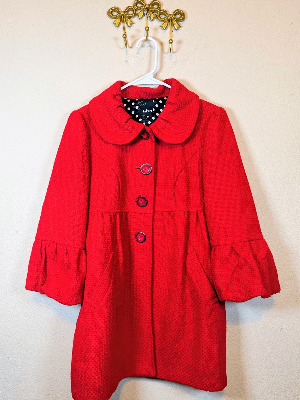 Takara Red Waffle Textured Pea Coat with Peter Pan Collar. Size M